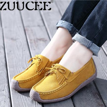 Zuucee Ukuran Besar Renda-Hingga Sepatu Wanita Tunggal Sepatu Kulit Suede Datar Sepatu (Kuning)-Internasional
