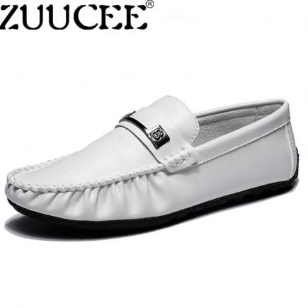 Zuucee Baru-Tren Gaya Pantofel Sepatu Pria Datar Mengemudi Sepatu Kulit Kasual Selip-On (Putih) -Internasional