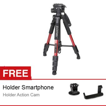 ZOMEI Q111 Camera Tripod - Merah - for DSLR EOS Canon Nikon Sony Gopro Xiaomi + Free Holder L + Action Cam Adapter