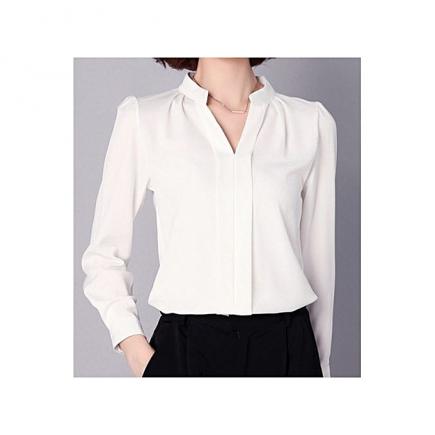 Fashion Women Office Formal Plain Sexy Long Sleeve Shirt - White