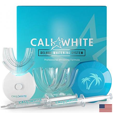 Cali White Vegan Teeth WHITENING KIT with LED Light, Made in USA, Natural & Organic Peroxide Gel, Professional Dental Whitener, Best Home HISMILE System: 2 X 5mL Syringes, Custom Trays, Retainer Case