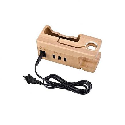 OR Bamboo Wood 3-port USB Charging Station Holder For IPhone Apple Watch-random-US Plug