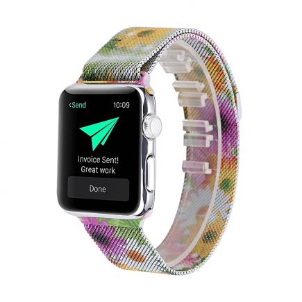 Print Milan Steel Wrist Watch Band for Apple Watch Series 3 & 2 & 1 38mm (Colored Chrysanthemum)