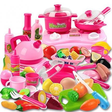 42 Piece Kitchen Cooking Set Girls Boys Fruit Vegetable Tea Playset Toy for Kids Early Age Development Educational Pretend Play Food Assortment Set