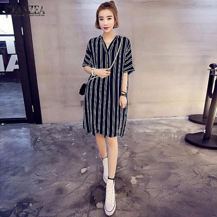 ZANZEA Women Dress V-Neck Short Sleeve Casual Loose Striped Shirt Dress Mini Vestidos (Blue)