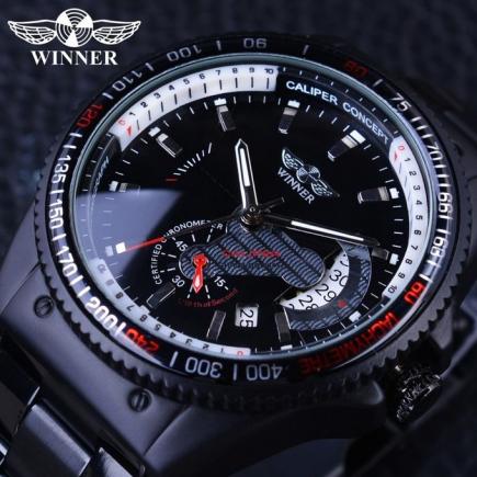 Winner 2017 Racing Design Black Stainless Steel Calendar Display Mens Watches Top Brand Luxury Mechanical Automatic Watch Clock