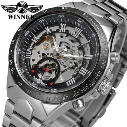 WINNER Automatic Mechanical Men Watch Racing Sports Design Triangle Skeleton Wristwatch Top Brand Luxury Golden Black + Gift Box