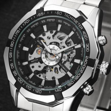 Winner Brand Men Full Stainless Steel Watch Men Skeleton Auto Mechanical Watch Self-Wind Male Dress Clock Relogio Masculino