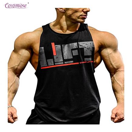 Men's Vest Soft Sweat Absorbent Breathable LIFT Printing Cotton Fitness -Black