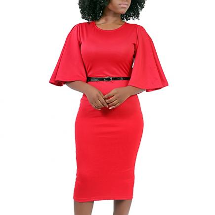 Red Bodycon Dress With Trumpet Sleeve