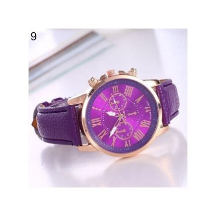 Fashion Women Faux Leather Band Roman Numerals Quartz Analog Wrist Watch-Purple