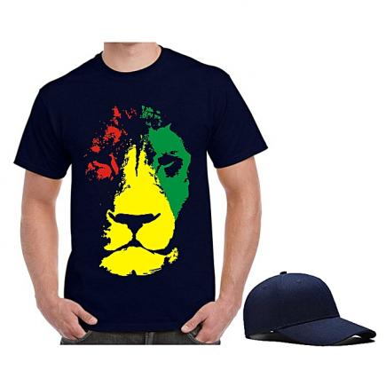 Colourful Men's Lion Face Print T-Shirt And Cap. Navy-Blue.