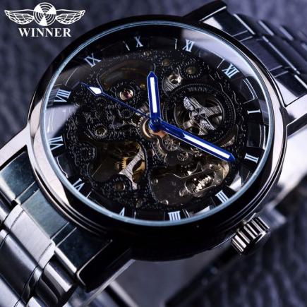 Winner Transparent Steampunk Montre Homme Black Retro Casual Mens Watches Top Brand Luxury Full Steel Skeleton Mechanical Watch