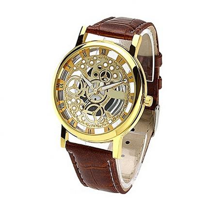 Men's Women's Roman Numerals Faux Leather Band Skeleton Analog Sports Dress Wrist Watch-Brown Strap & Golden Dial