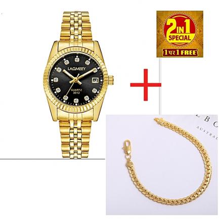 Exotic Gold Studded Men's Women's Unisex Wrist Watch With Gold Bracelet