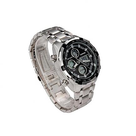 Silver Chronograph Watch For Men Executive Sports Watch; Mens Black Dial Chain Watch -Silver Chain Watch With Black Face