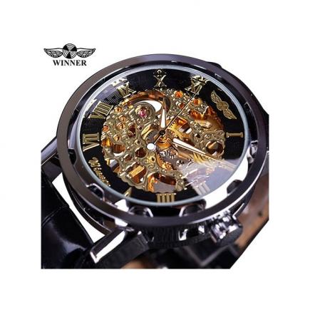 Winner Black Gold Male Clock Men Relogios Skeleton Mens Watches Top Brand Luxury Montre Leather Wristwatch Men Mechanical Watch