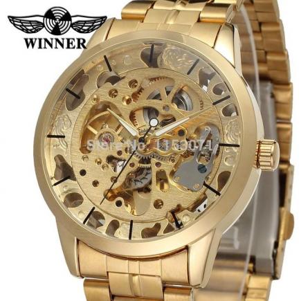 Winner Men's Watch Top Brand Luxury Automatic Skeleton Gold Factory Company Stainless Steel Bracelet Wristwatch WRG8003M4G1