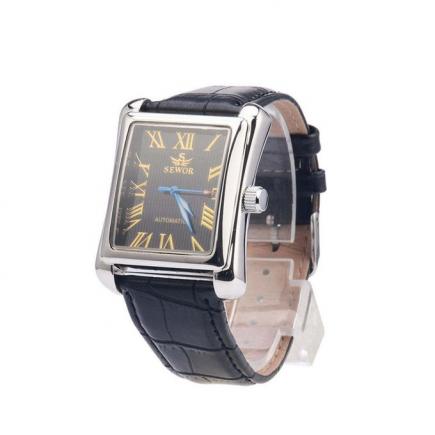 Luxury Rectangular Waterproof Men's Watch?Retro Roman Number Calendar Display Automatic Mechanical Wristwatches-Black&Silver