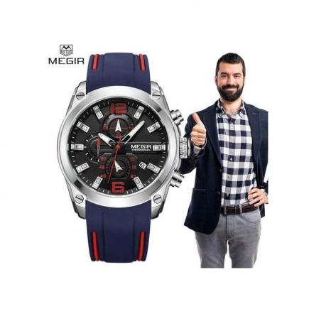 Megir Men's Chronograph Analog Quartz Watch With Date, Luminous Hands, Waterproof Silicone Rubber Strap Wristswatch For Man 2063