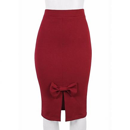 Ladies Pencil Skirt With Bow - Wine