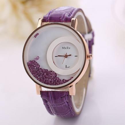 Hiamok_Woman Leather Quicksand Rhinestone Quartz Bracelet Wristwatch Watch PP