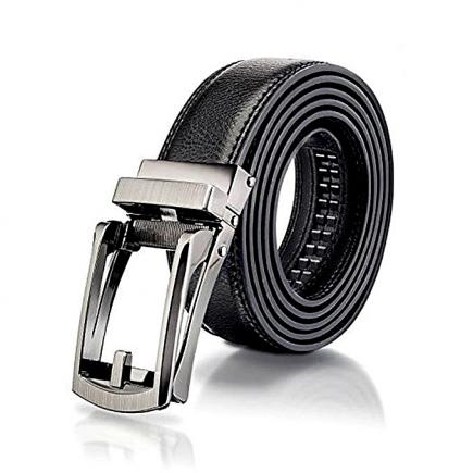 Men Automatic PU Leather Belt Male Pin-less Metal Buckle Leather Waist Belt-Black