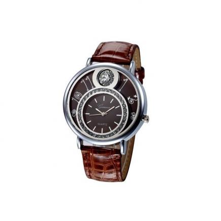 Lady Design Dial Leather Band Analog Geneva Quartz Wrist Watch-Brown