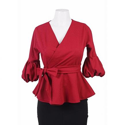 Ladies Wrap Peplum Top - Wine