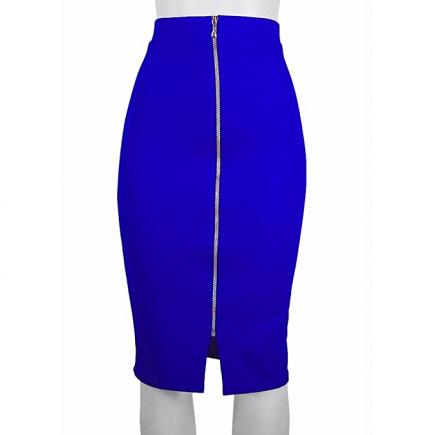 Ladies Royal Blue Front Zip Pencil Skirt - Blue