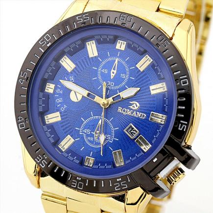 Luxury Mens Black Dial Gold Stainless Steel Date Quartz Analog Sport Wrist Watch