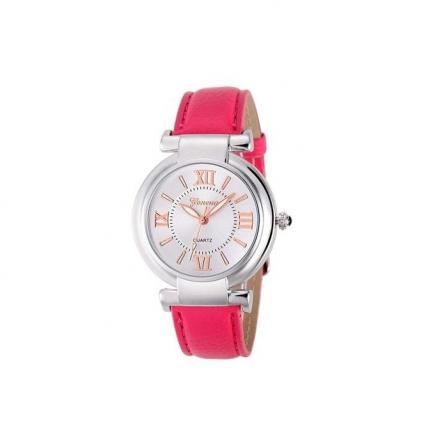 Geneva Lady Girl Roman Numerals Leather Band Quartz Wrist Watch Bracelet-Hot Pink