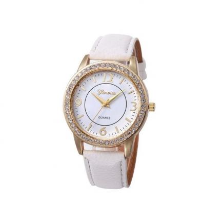 Lady Design Dial Leather Band Analog Geneva Quartz Wrist Watch-White