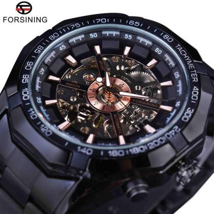 Forsining Sport Racing Series Skeleton Stainless Steel Black Golden Dial Top Brand Luxury Watches Men Automatic Watch Clock Men