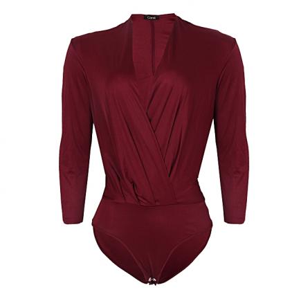 Long Sleeve Drape Bodysuit Blouse - Wine