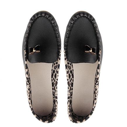 Women PU Leather Leopard Casual Slip On Dolly Ballet Flat Heel Loafer Shoes-black