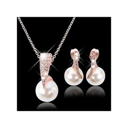 Rose Gold Crystal Faux Pearl Necklace Earrings Jewelry Set