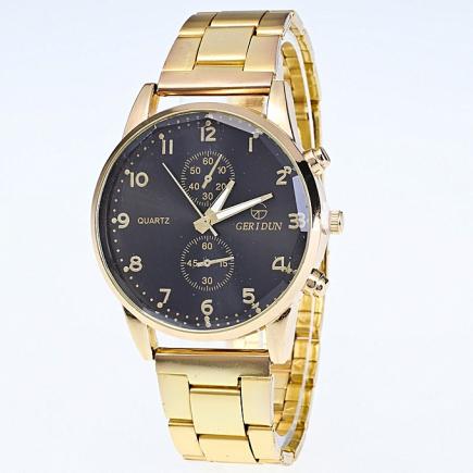 Mens Gold Watches Diamond Dial Gold Steel Analog Quartz Wrist Watch BK