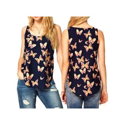 Women's Summer Butterfly Print Chiffon Blouse Sleeveless Summer Casual Tank Top