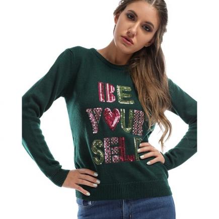 Strassed ''BE YOURSELF'' Trendy Pullover - Green