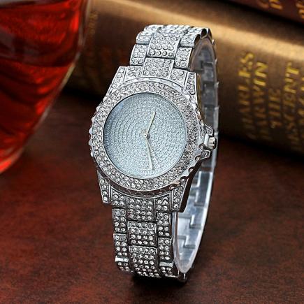 Diamond Round Surface Stainless Steel Band Quartz Movement Wrist Watch