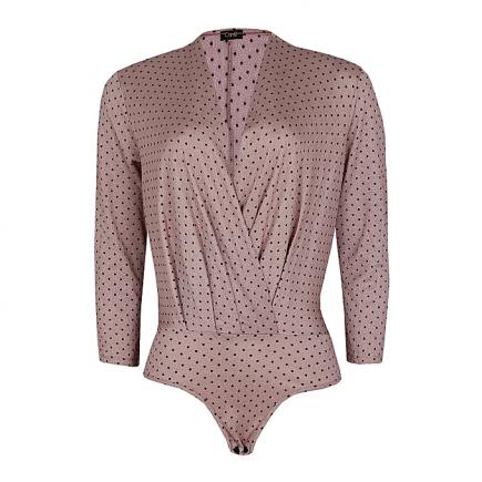 Long Sleeve Drape Bodysuit Blouse - Peach Polka