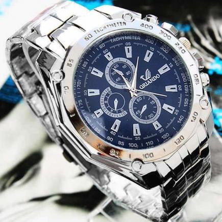 Mens Fashion Stainless Steel Belt Sport Business Quartz Watch Wristwatches-Blue