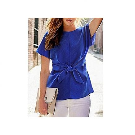 Women's Oversized Short Sleeve Crewneck Tie Front Bow Chiffon Blouse Tops Shirt-Blue