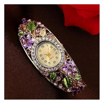 Women Bangle Crystal Flower Bracelet Quartz Watch Wristwatch PP