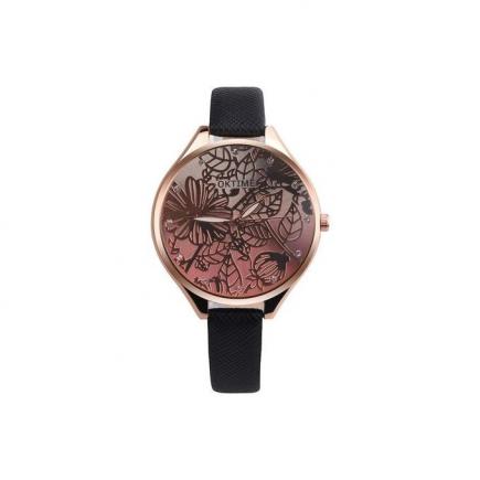 Women 3D Lotus Retro Design Leather Band Analog Alloy Quartz Wrist Watch