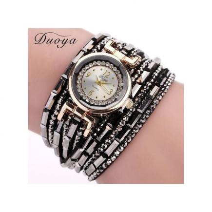 Lady Super Crystal Lady Gold Bracelet Quartz Wristwatch Rhinestone Watches-Black