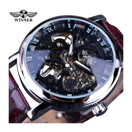 Winner Transparent Golden Case Luxury Casual Design Brown Leather Strap Mens Watches Top Brand Luxury Mechanical Skeleton Watch