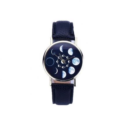 Women Lunar Eclipse Pattern Leather Analog Quartz Wrist Watch BK