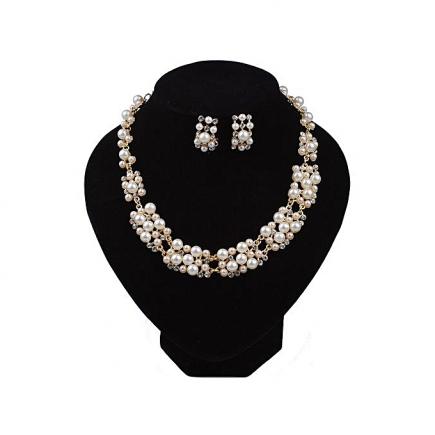 European And American Geometric Double Row Pearl Jewelry Set Pearl Ring Ear Necklace Set-White